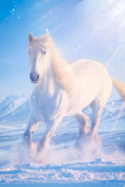 White Horse Galloping In Snow