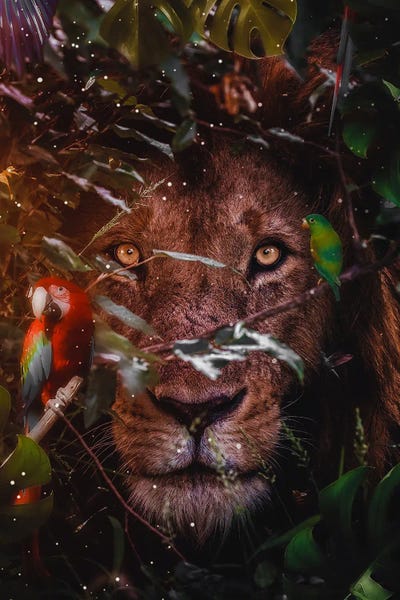 Portrait Of King Lion Hidden In The Leaves by GEN Z framed canvas print