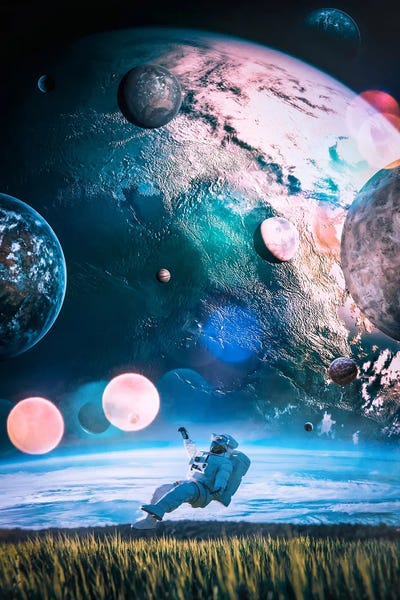 Nasa Astronaut Levitating In Field by GEN Z framed canvas print