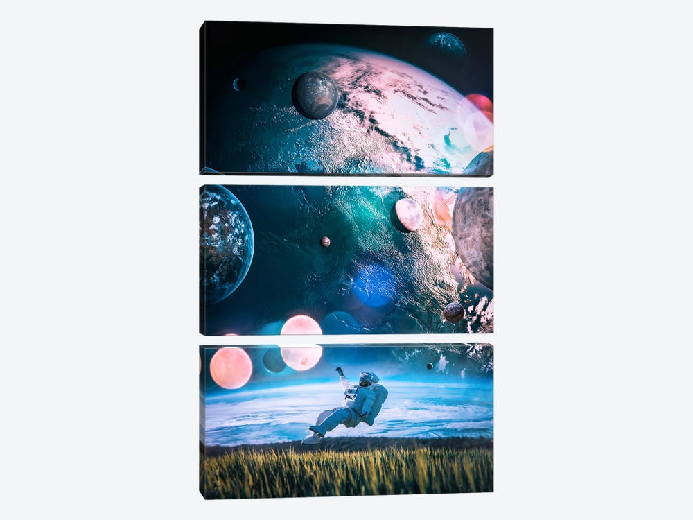 Nasa Astronaut Levitating In Field by GEN Z 3-piece Canvas Print