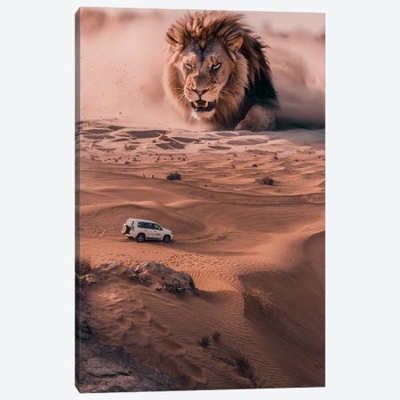 Giant King Lion And 4X4 In The Desert Canvas Print #GEZ474} by GEN Z Canvas Art
