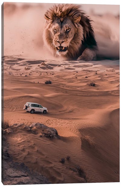 Giant King Lion And 4X4 In The Desert Canvas Art Print - GEN Z