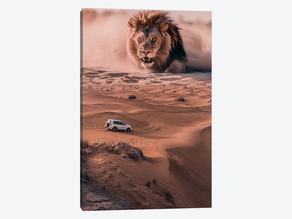Giant King Lion And 4X4 In The Desert by GEN Z 1-piece Art Print