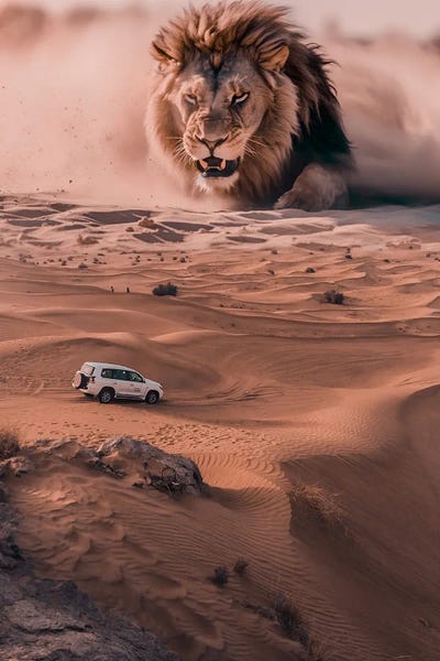 Giant King Lion And 4X4 In The Desert