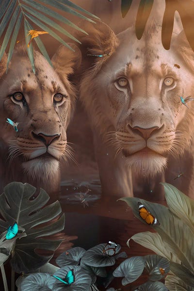 Lions In Love With Exotic Butterflies by GEN Z art print