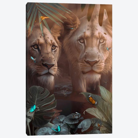 Lions In Love With Exotic Butterflies Canvas Print #GEZ475} by GEN Z Canvas Artwork