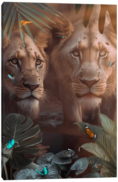 Lions In Love With Exotic Butterflies Canvas Art Print - Jungles