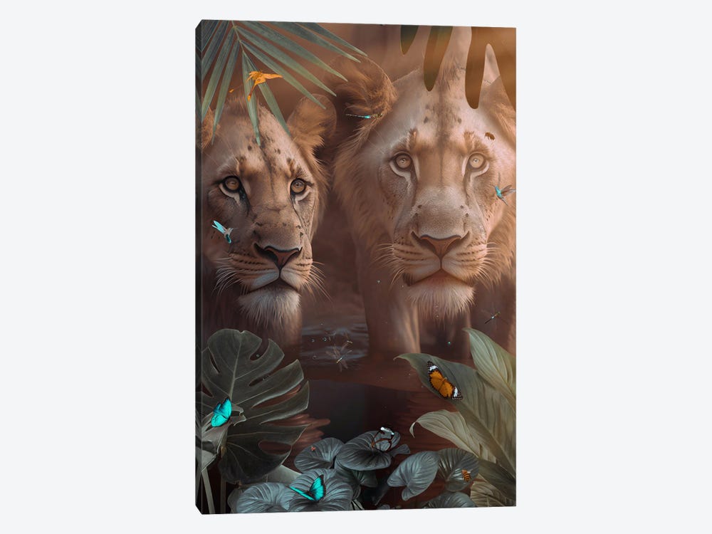 Lions In Love With Exotic Butterflies by GEN Z 1-piece Canvas Wall Art