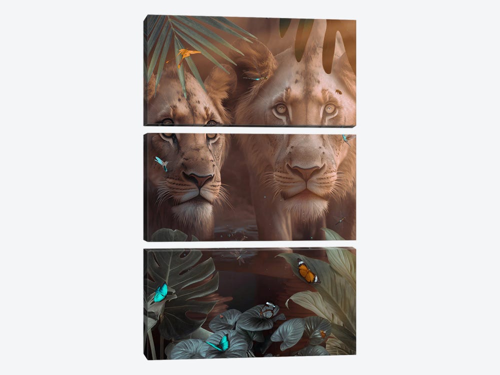 Lions In Love With Exotic Butterflies by GEN Z 3-piece Canvas Wall Art
