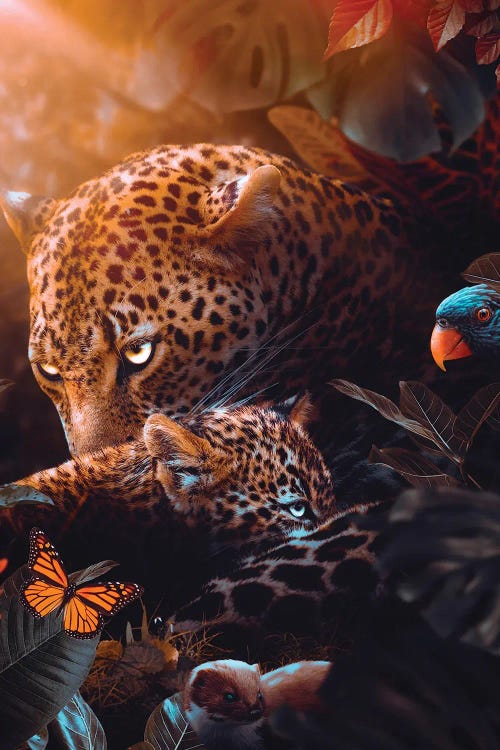 Leopard Mother And Her Baby In The Tropical Jungle