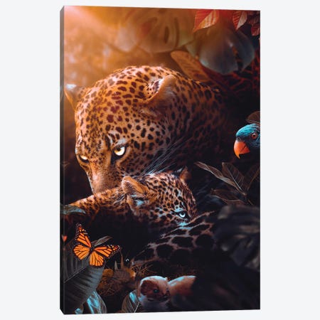 Leopard Mother And Her Baby In The Tropical Jungle Canvas Print #GEZ476} by GEN Z Canvas Wall Art