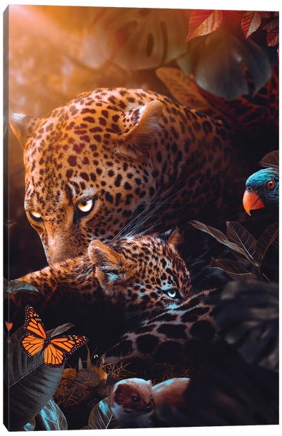 Leopard Mother And Her Baby In The Tropical Jungle Canvas Art Print - Jungles