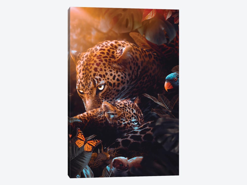 Leopard Mother And Her Baby In The Tropical Jungle by GEN Z 1-piece Canvas Art Print
