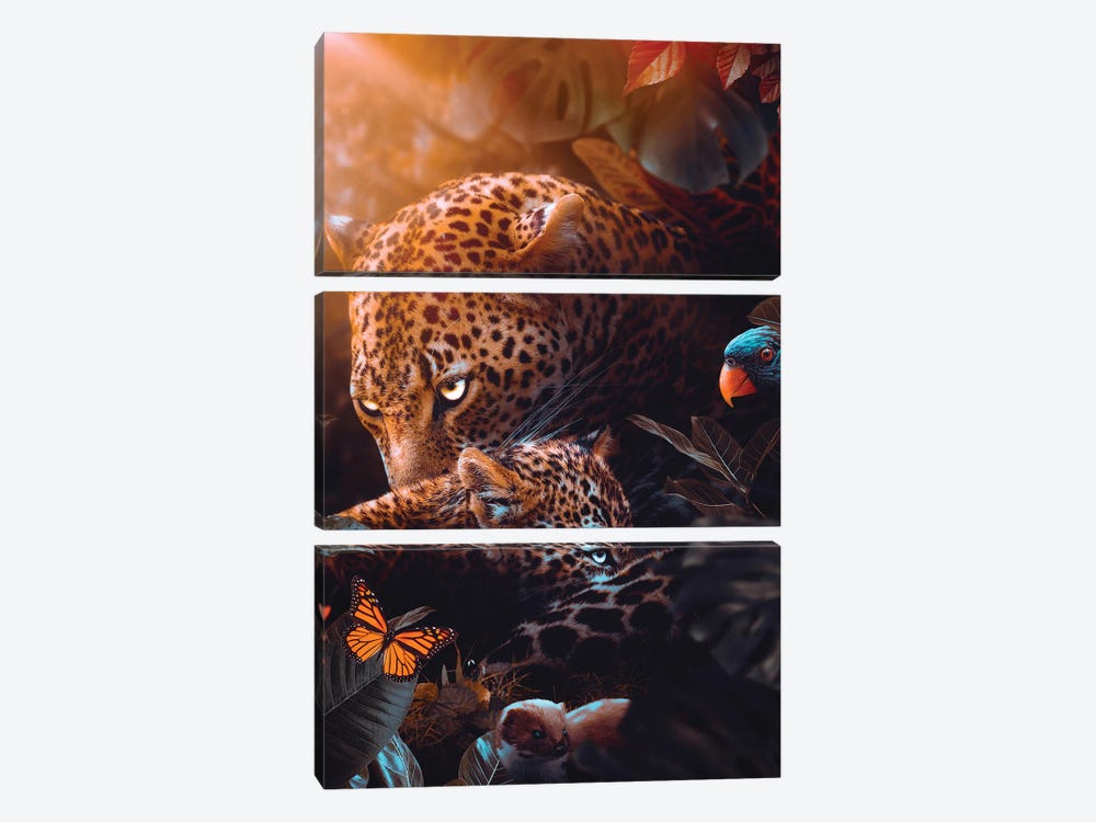 Leopard Mother And Her Baby In The Tropical Jungle by GEN Z 3-piece Art Print