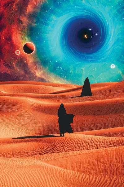 Two Veiled Silhouettes In The Space Desert