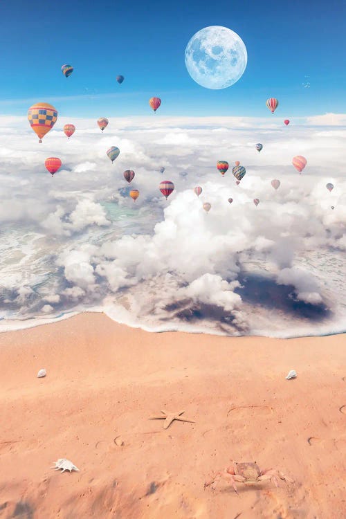 Surreal Sea Of Clouds, Hot Air Balloons And Full Moon