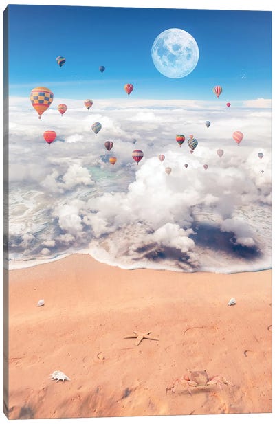 Surreal Sea Of Clouds, Hot Air Balloons And Full Moon Canvas Art Print - Hot Air Balloon Art