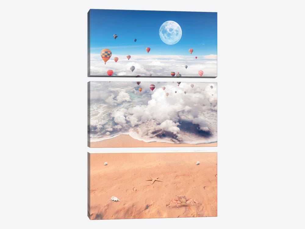 Surreal Sea Of Clouds, Hot Air Balloons And Full Moon by GEN Z 3-piece Canvas Artwork
