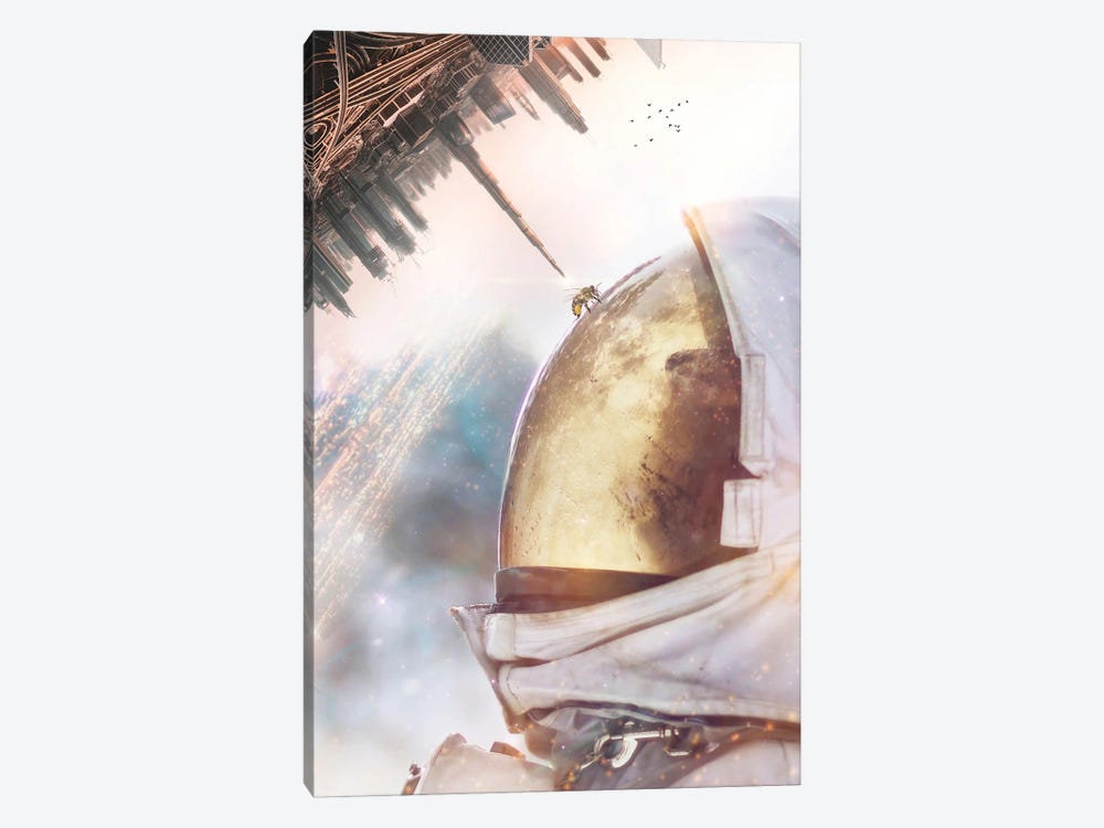 Bee On Helmet Astronaut And Floating City by GEN Z 1-piece Art Print