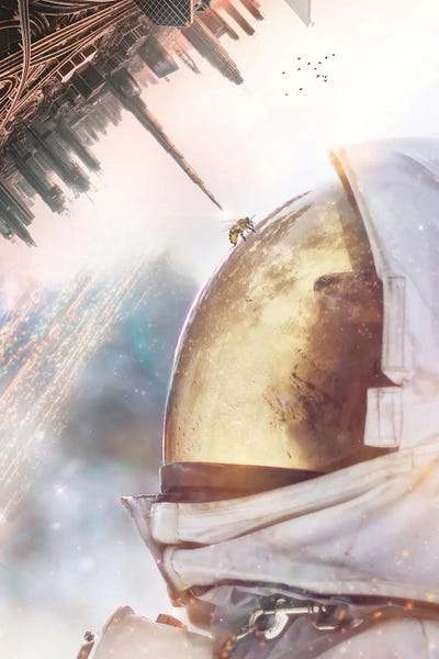 Cyberpunk: Bee On Helmet Astronaut And Floating City by GEN Z