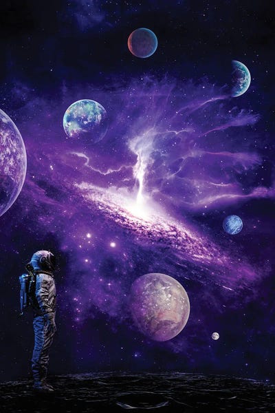 Astronaut In Purple Solar System With Planets by GEN Z framed canvas print