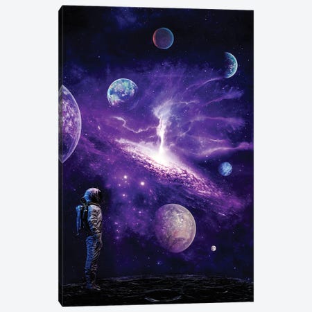 Astronaut In Purple Solar System With Planets Canvas Print #GEZ480} by GEN Z Canvas Wall Art