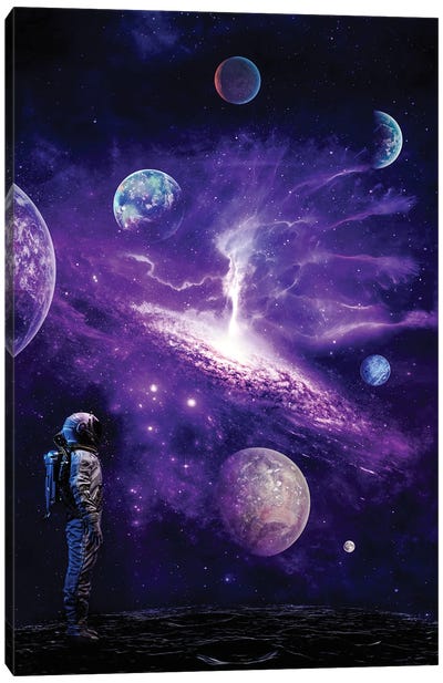 Astronaut In Purple Solar System With Planets Canvas Art Print