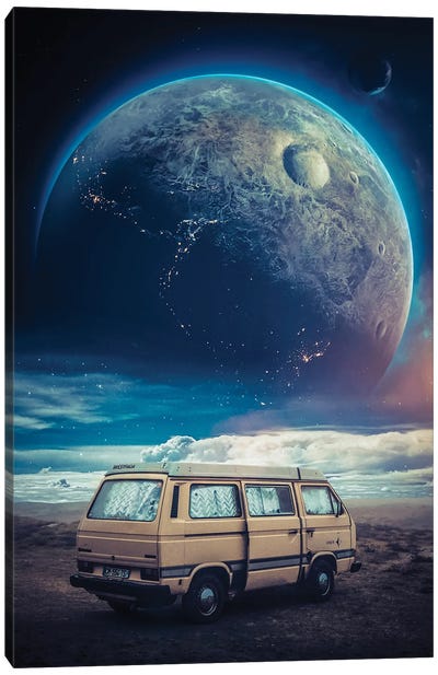 Van Of Adventurer Camp Seen On Planet Canvas Art Print - Camping Art