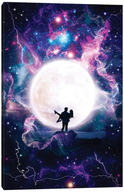 Loving Couple Silhouette In Space Canvas Art Print - Galaxy Art