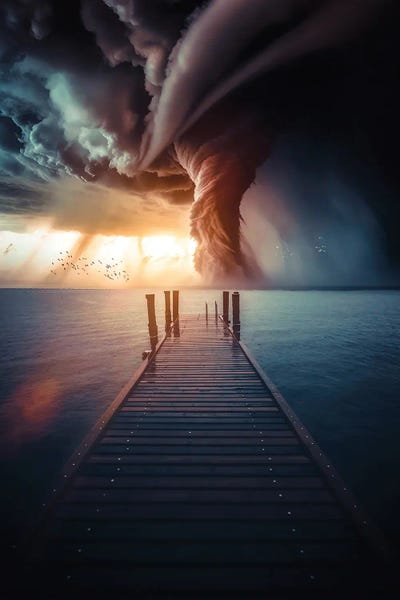 Tornado Over The Ocean And Sunset Light