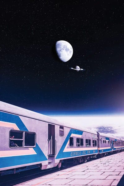 Space Station And Train With Moons Ring by GEN Z framed canvas print