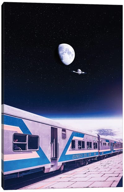 Space Station And Train With Moons Ring Canvas Art Print