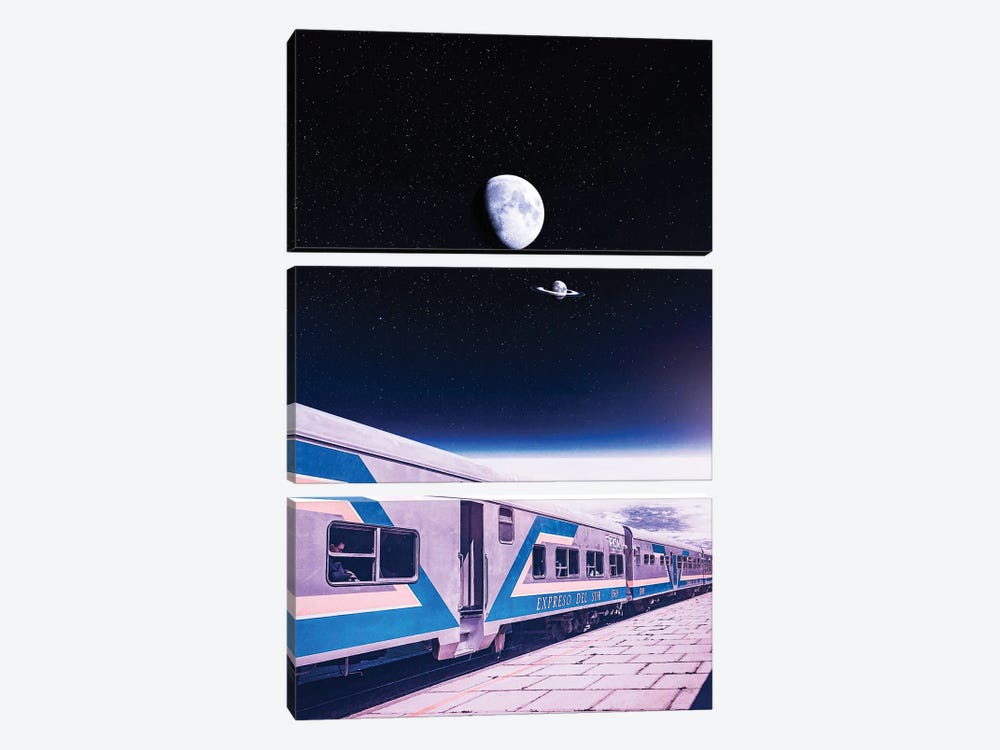 Space Station And Train With Moons Ring by GEN Z 3-piece Canvas Art Print