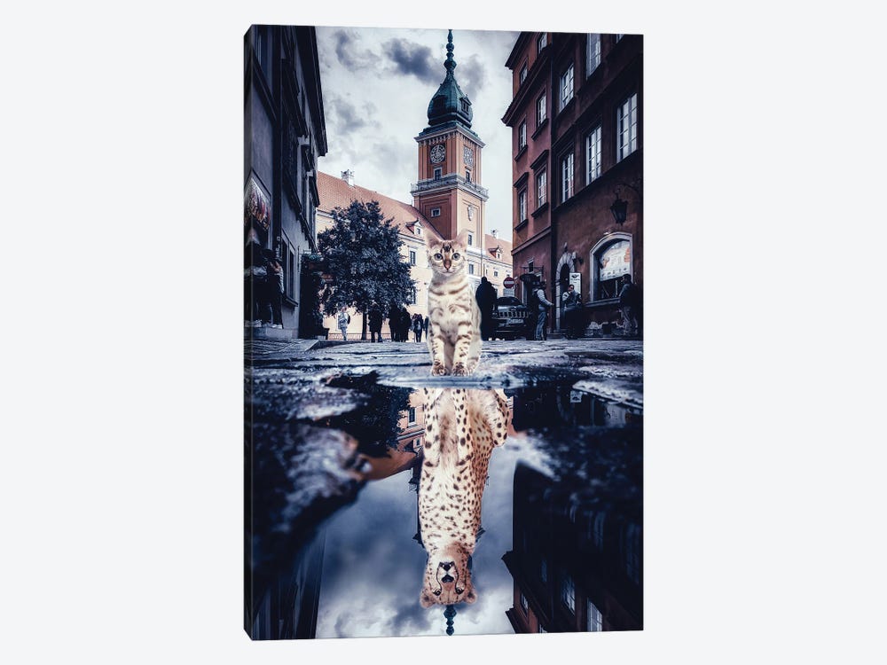 Bengal Guepard Puddle Reflection In City by GEN Z 1-piece Canvas Wall Art