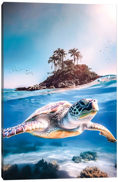 Sea Turtle And Paradise Island Canvas Art Print - GEN Z