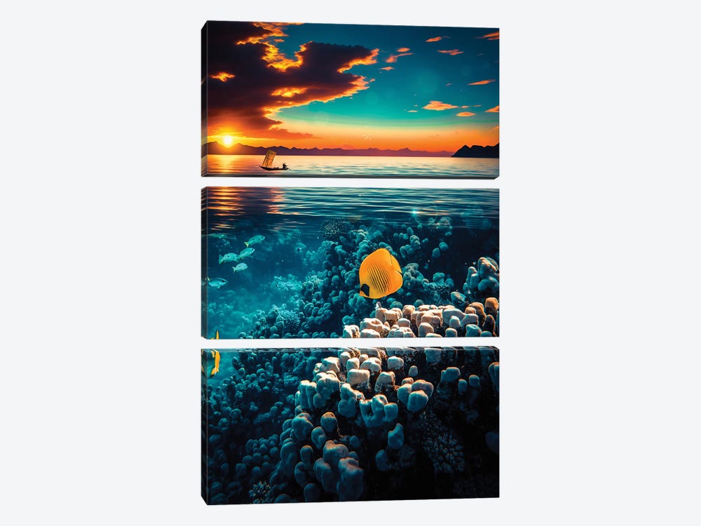 Tropical Seascape And Sunset Background by GEN Z 3-piece Art Print