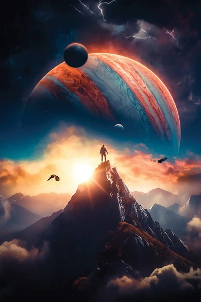 Space Jupiter Adventurer Mountain In Clouds by GEN Z framed canvas print