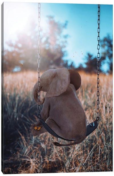 Baby Elephant On Swing Garden Canvas Art Print - GEN Z