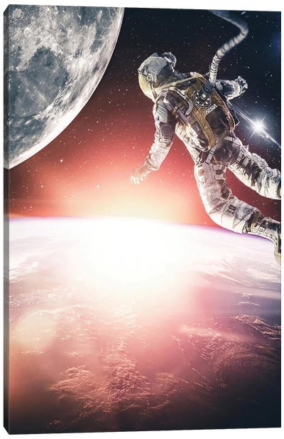 Astronaut Between Earth And Moon Canvas Art Print - Earth Art
