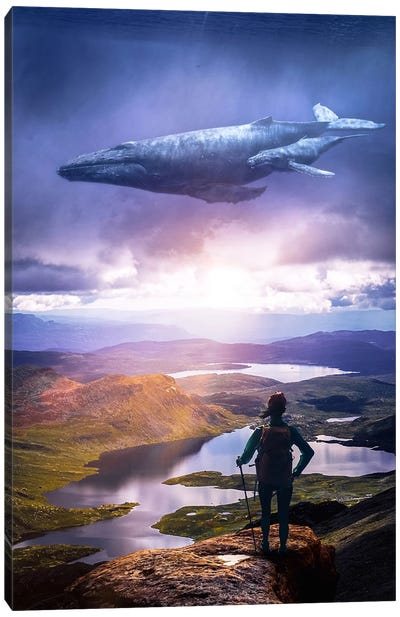Encounter With A Flying Whale In Sky Ocean Canvas Art Print