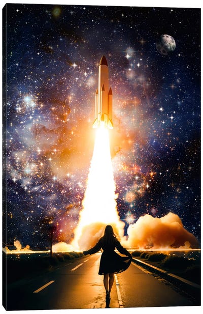 Young Woman Taking Off Rocket Launch Canvas Art Print