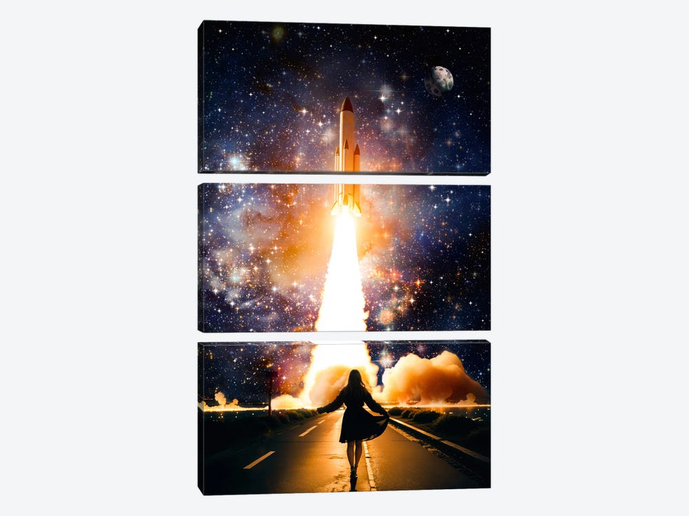 Young Woman Taking Off Rocket Launch by GEN Z 3-piece Canvas Art Print