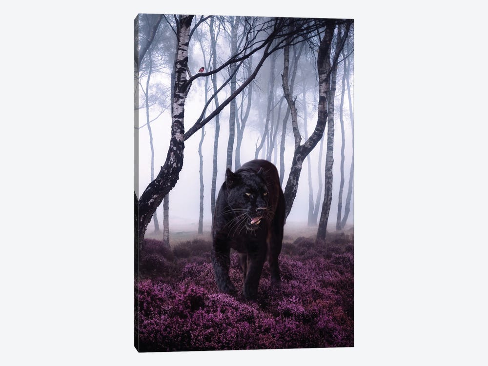 Big Black Cat Panther In Forest With Robin Bird by GEN Z 1-piece Canvas Art Print