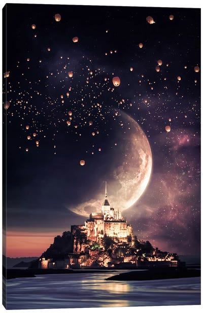 Mont Saint-Michel, Full Moon And Chinese Lanterns Canvas Art Print - Famous Places of Worship