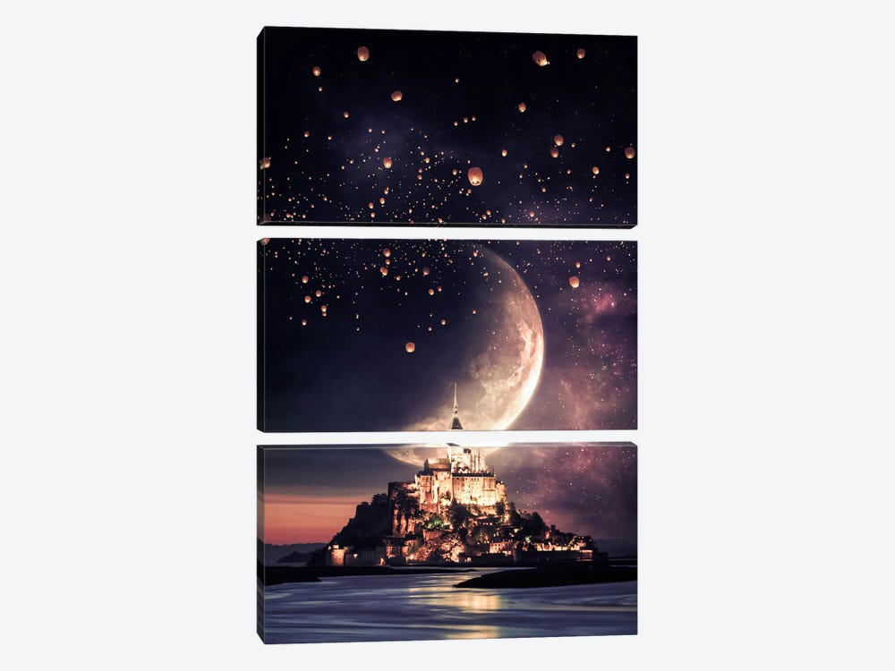 Mont Saint-Michel, Full Moon And Chinese Lanterns by GEN Z 3-piece Canvas Art
