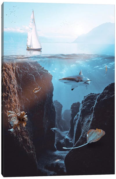 Underwater Life And Sailing Boat Canvas Art Print - Shark Art