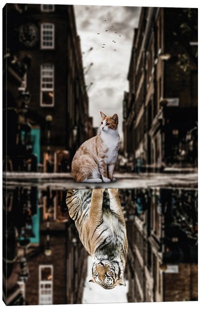 Big Cat Or Big Tiger Puddle Reflection In City Canvas Art Print - Tiger Art