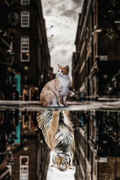 Through The Looking Glass: Big Cat Or Big Tiger Puddle Reflection In City by GEN Z