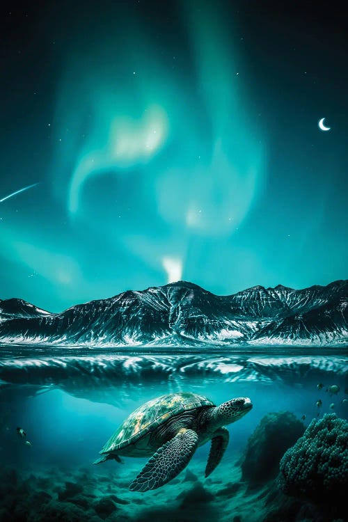 Aurora Borealis Turtle Swimming Underwater