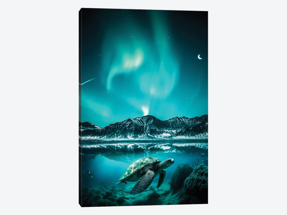 Aurora Borealis Turtle Swimming Underwater by GEN Z 1-piece Canvas Art